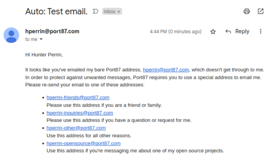 An autoreply message from Port87 explaining that messages to the bare address don't go through. It lists other addresses for the sender to use instead.