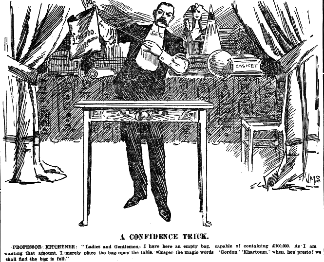 Political Cartoon by JM Staniforth: Herbert Kitchener attempts to raise £100,000 for a College in Sudan by calling on the name of Charles George Gordon