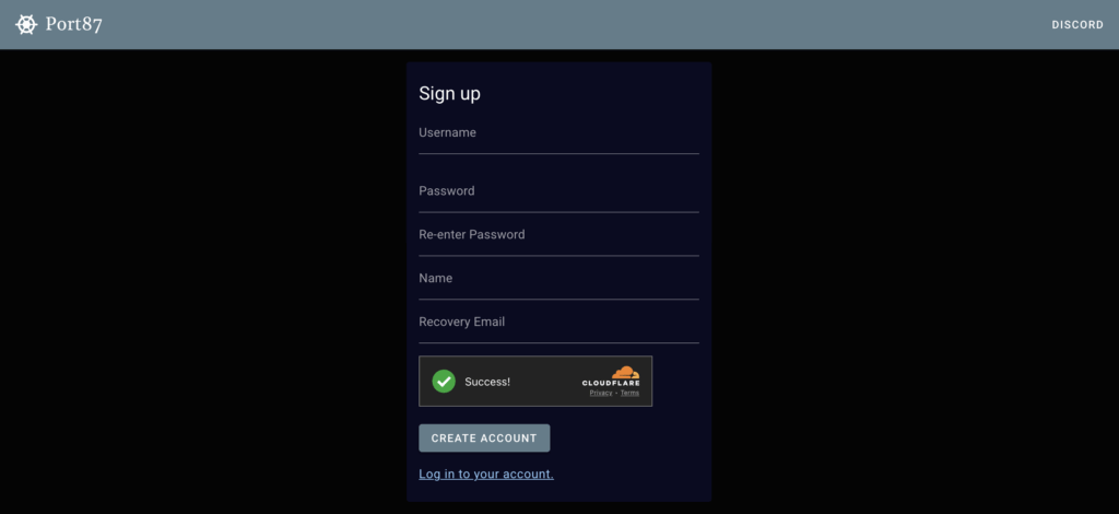 Screenshot of the Port87 sign up form.